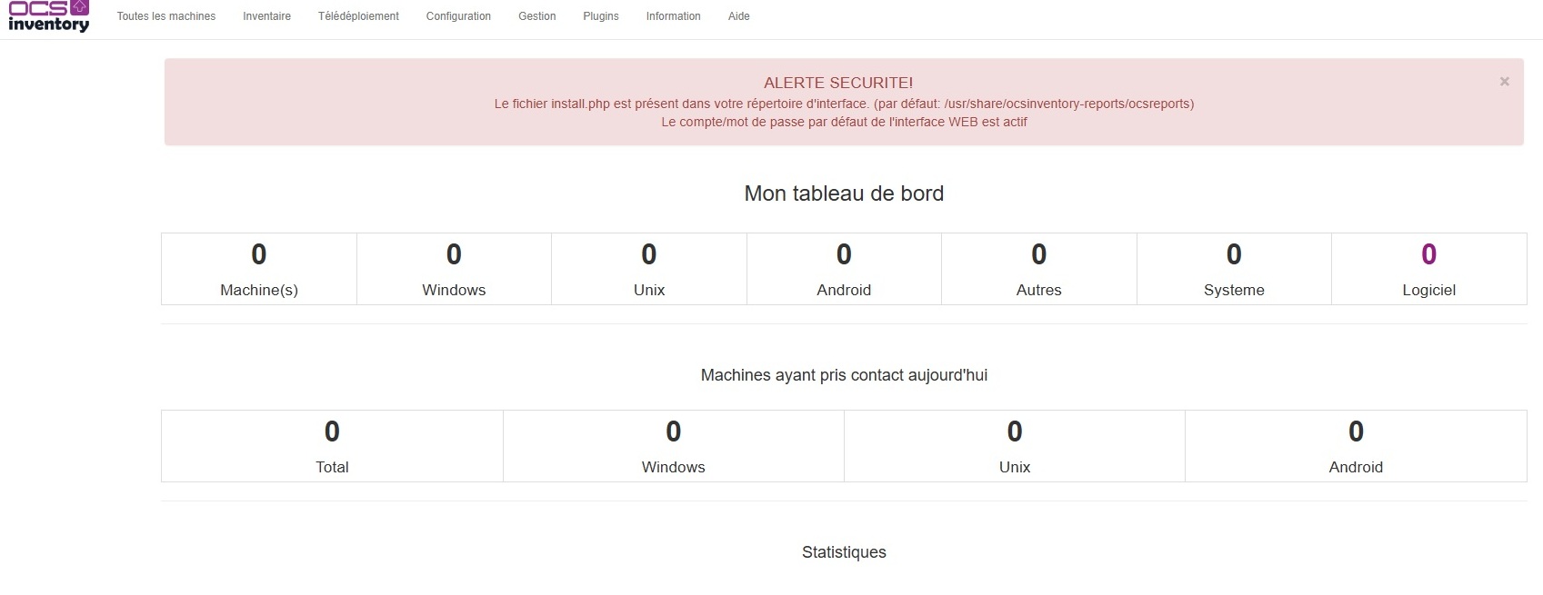 OCS dashboard with security alerts