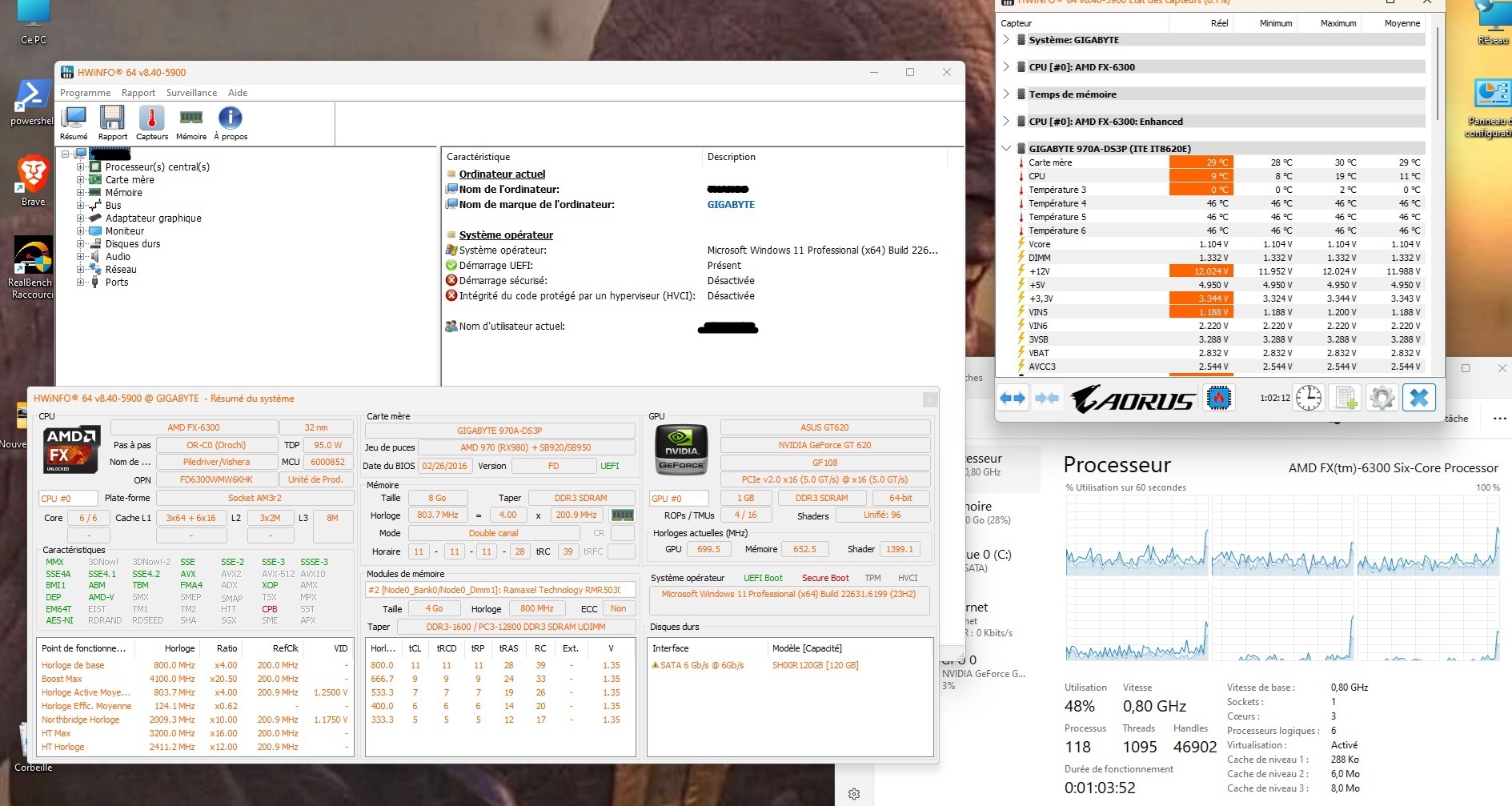 HWiNFO — 9°C idle at 0.8GHz with 3×90mm Peltier