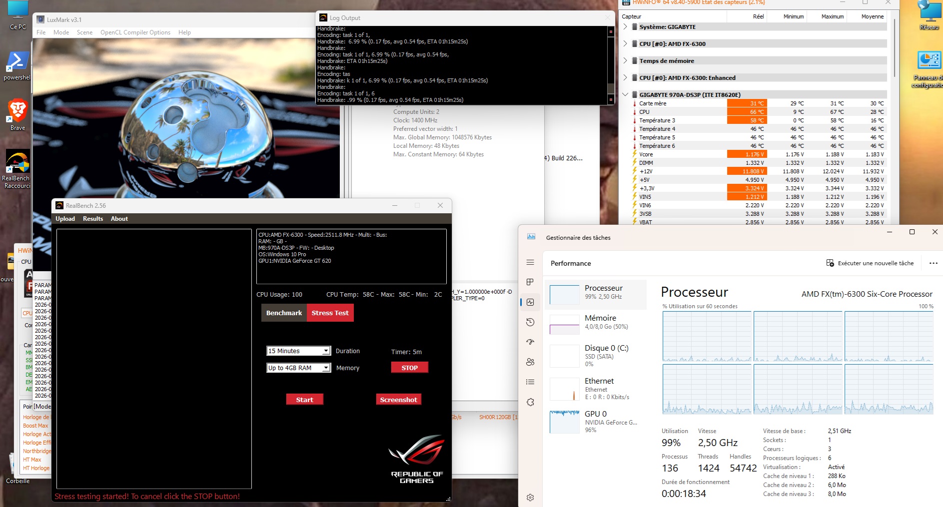 RealBench — 58°C at 2.5GHz with Peltier, the only stable run