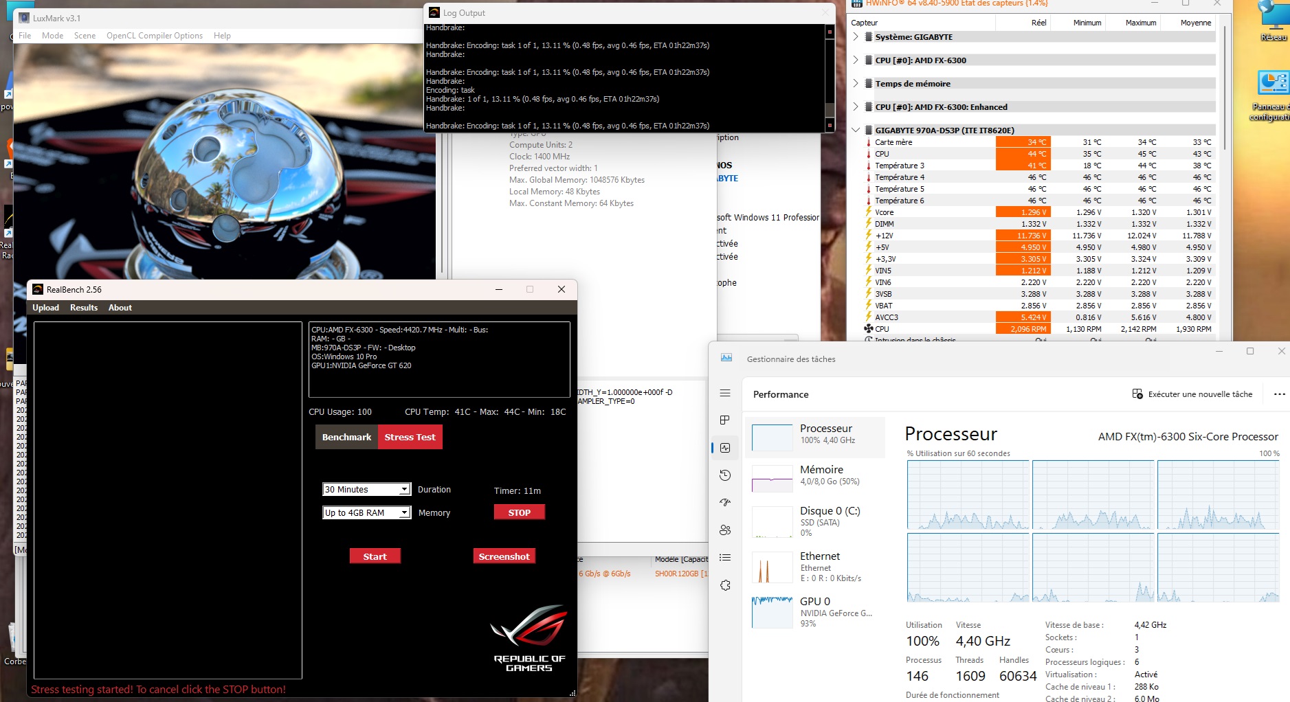 RealBench under load — 44°C max at 4.4GHz without Peltier