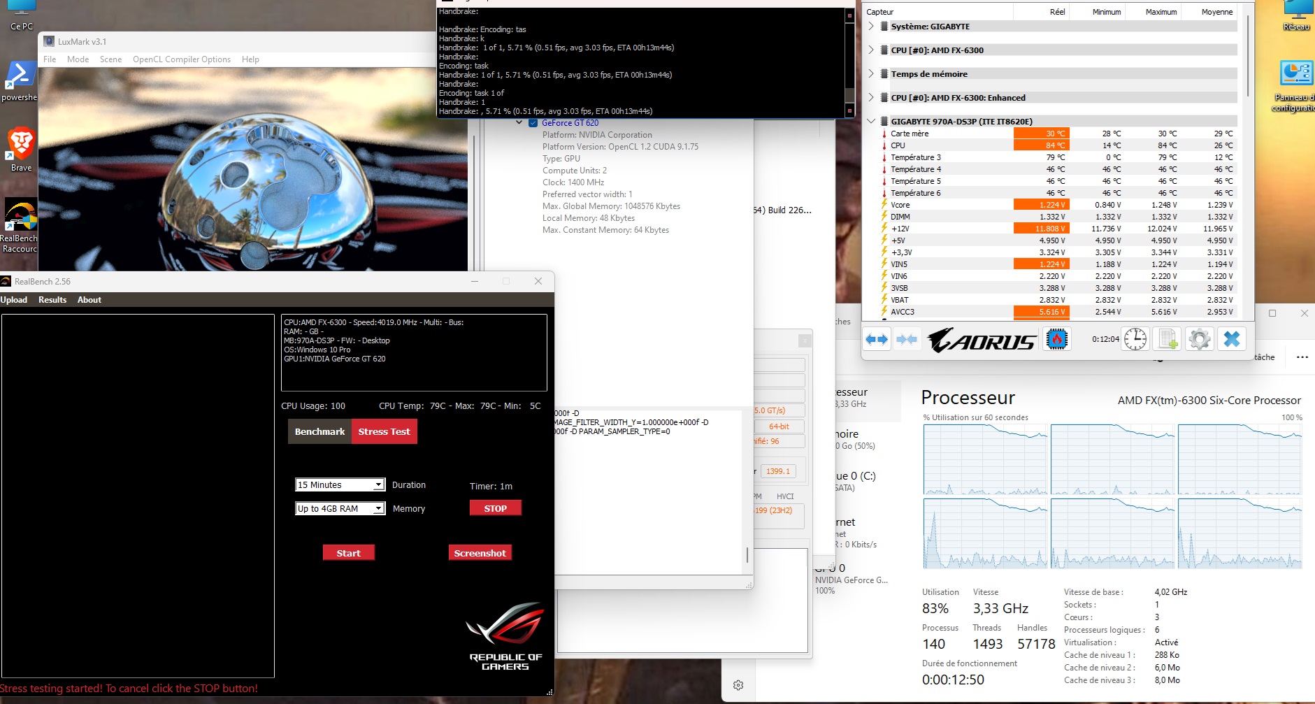 RealBench — 84°C at 4.0GHz with Peltier, throttling visible in Task Manager