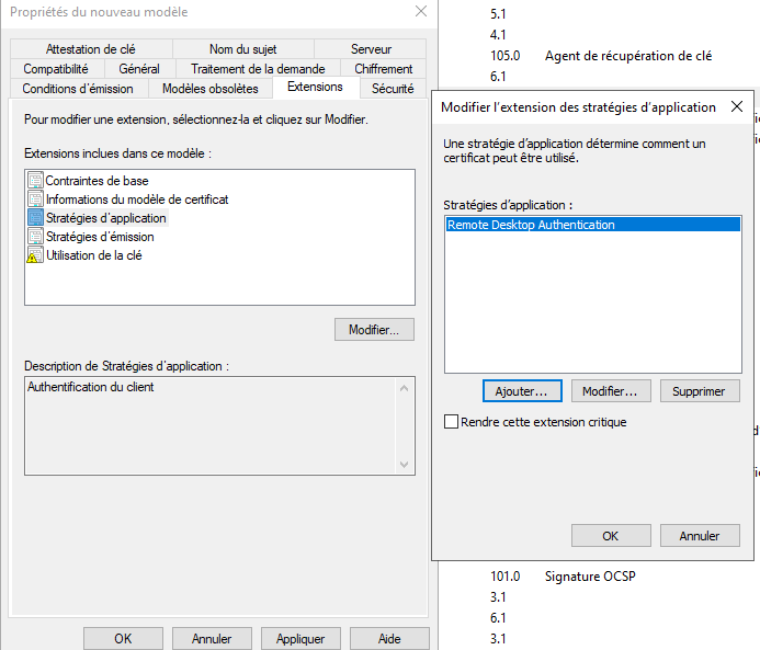 Extensions tab: adding the "Remote Desktop Authentication" application policy