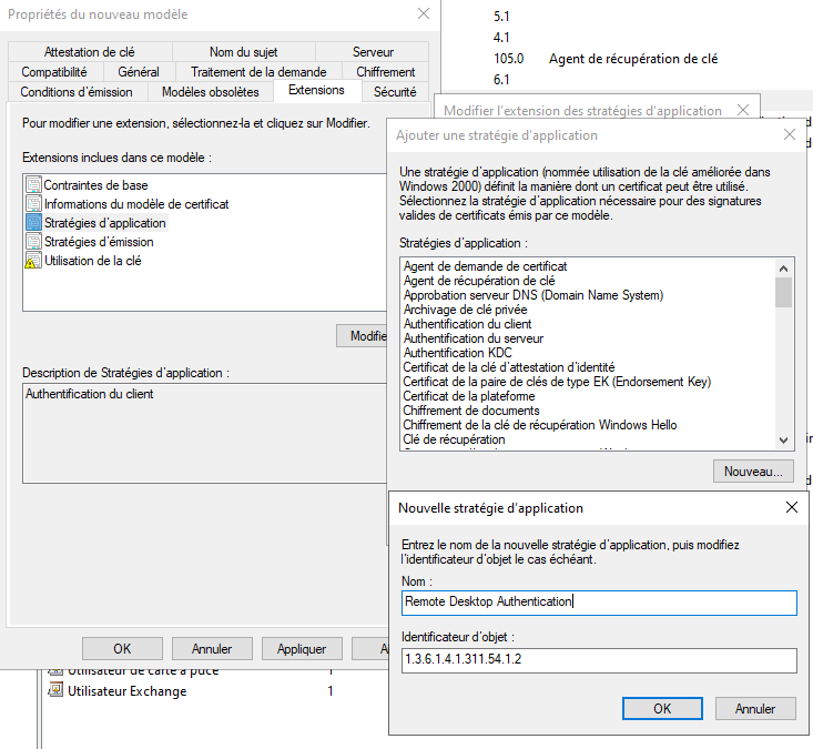 ADSI Edit — an RDP certificate template duplicated per domain (Losthighway-RDP-Workstation, Losthighway-RDP-Server, Fondation-RDP-Server)