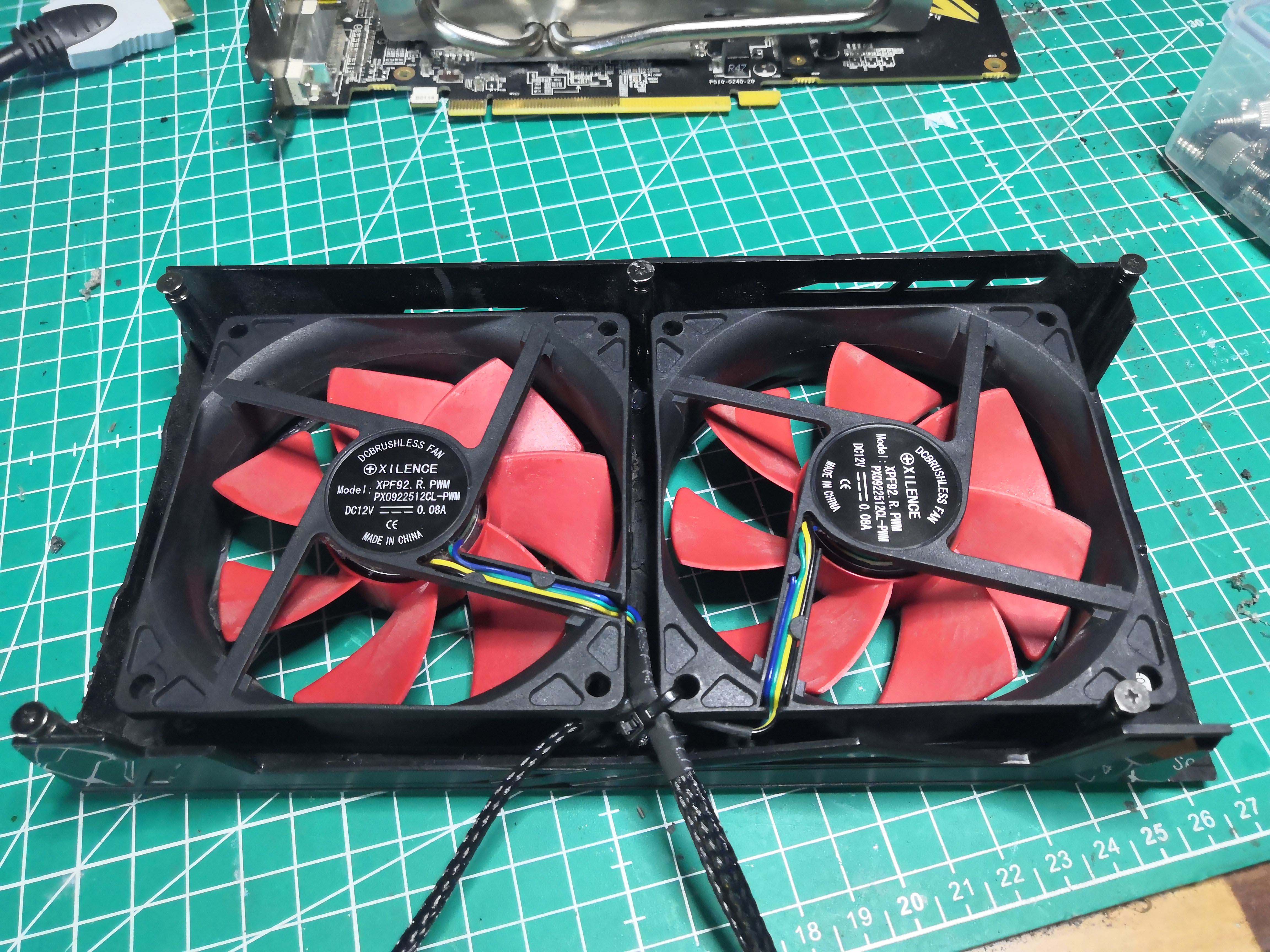 Rear view of the two Xilence XPF92 fans screwed into the modified shroud