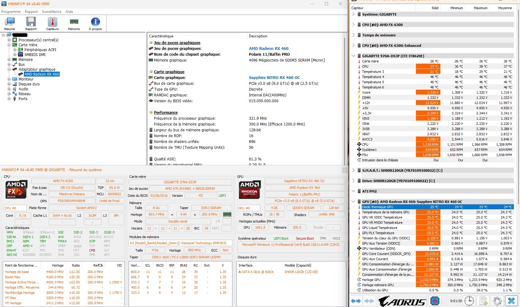 HWiNFO — GPU at 25°C idle, fan in semi-passive mode at 0 RPM