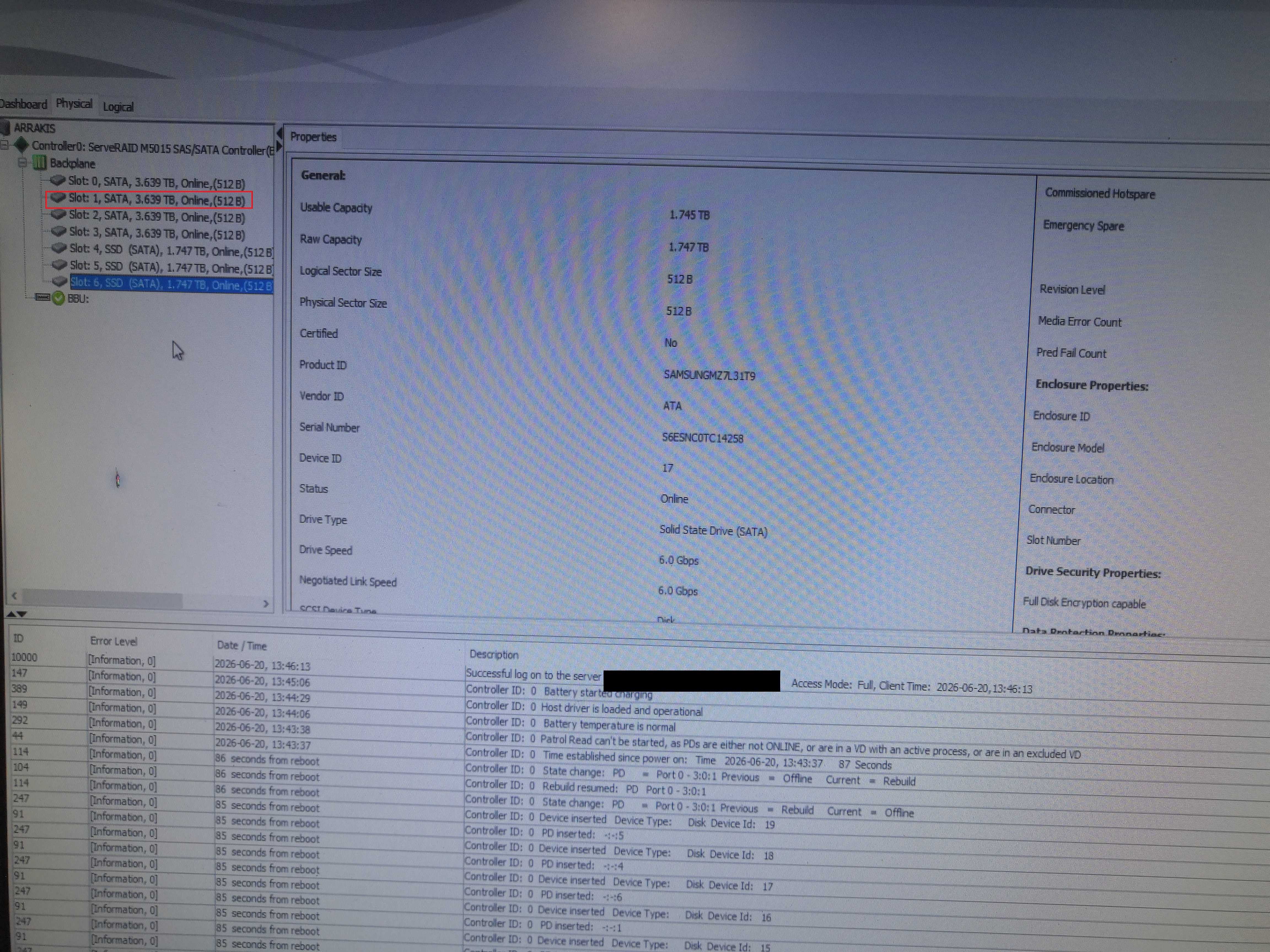 StorageManager - Slot 1 drive offline, rebuild event log