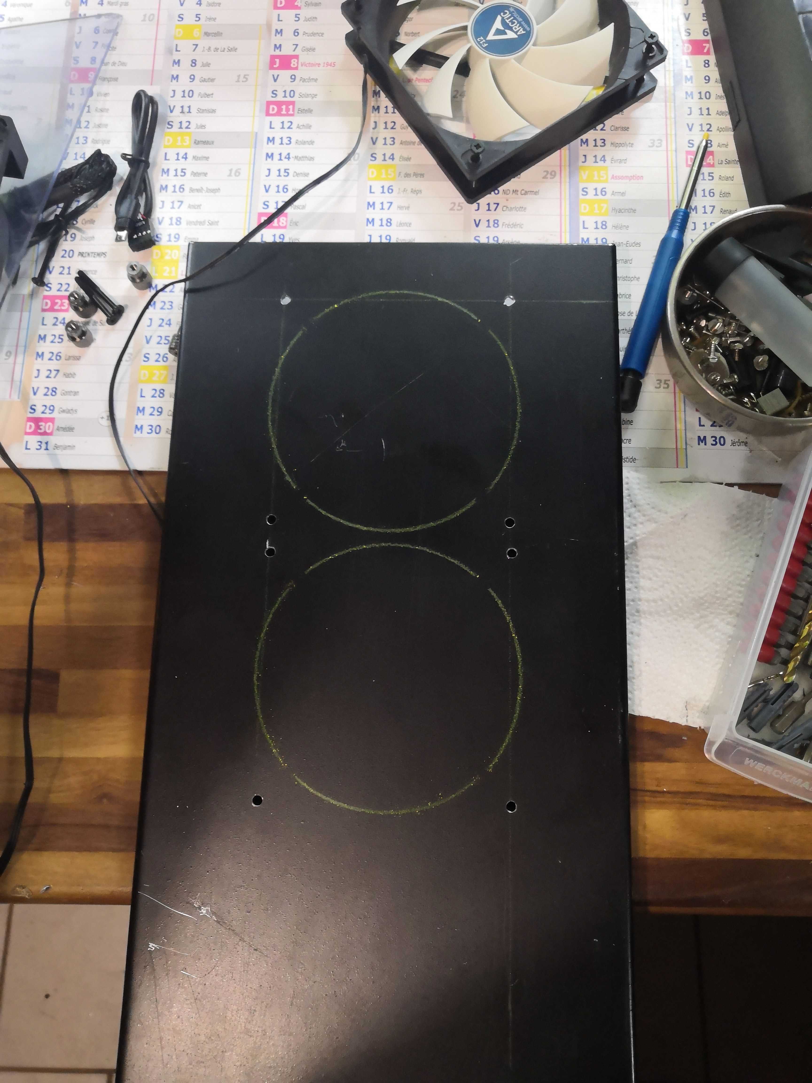 Marking the two 120mm holes – the layout on the sheet metal